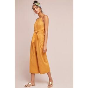 Greylin Linen Cotton Jumpsuit Tie Waist Wide Leg Mustard Gold Small Anthropology